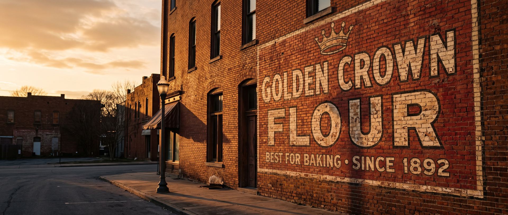 A small-town main street of aged brick at golden hour