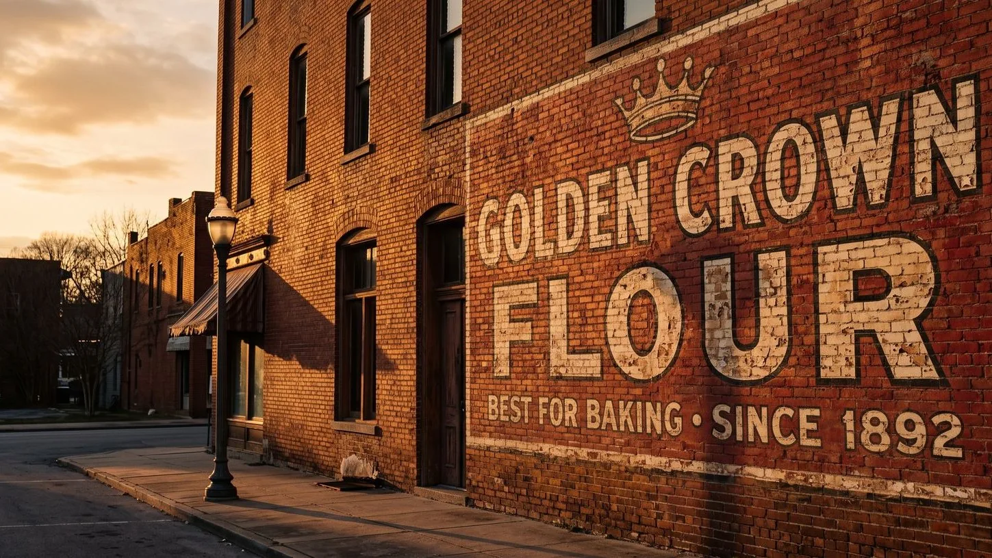 Ghost sign reading Olson's Flour, a faded hand-painted advertisement on a brick building on an American Main Street at golden hour