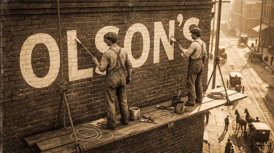 Wall dogs painting a ghost sign — two sign painters on a rope-suspended plank scaffold lettering a huge advertisement on a brick wall, circa 1910